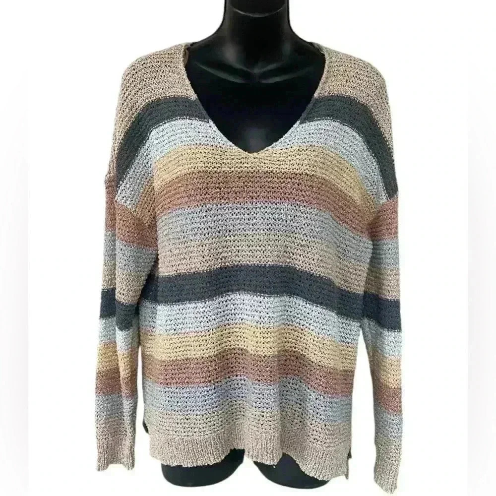 Knox rose women’s stripped fall colors Open-Knit V neck side slit oversized sz M
